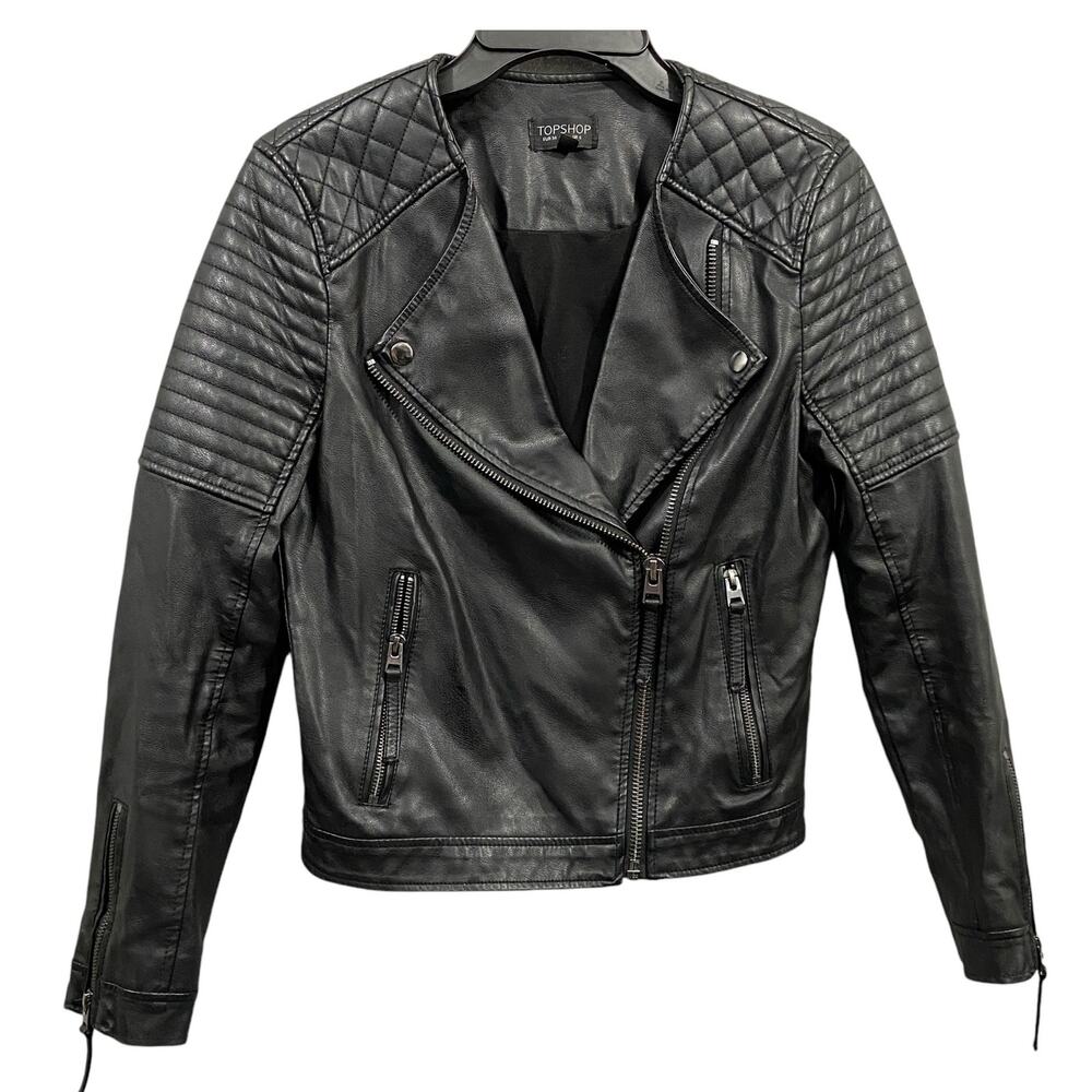 Top Shop Quilted Faux Leather Moto Jacket in Black Women's Size 2 - Picture 3 of 6